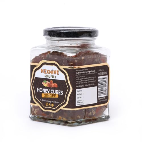 Image of Hexhive Ginger Honey Cubes | Pure Honey with Real Ginger Extract | No Added Sugar | Immunity Boost | Travel-Friendly Cubes for Tea, Coffee & Detox Drinks | Wellness Snack | 300g