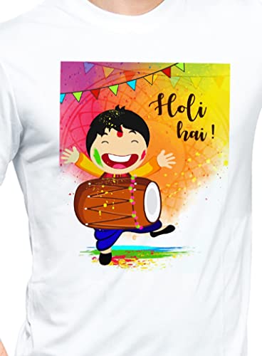 Image of Knitted Polycotton Fabric Regular Fit Men Boys Half Sleeve T-Shirt for Festival of Holi Style 10 White Size : Free