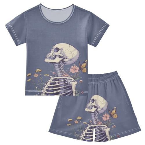 ALAZA Skeleton and Butterfly Pink Flowers Pajama Set Short Sleeve Sleepwear Soft Lounge Nightwear