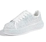 LUCKY STEP Rhinestone Sneakers for Women Platform Sparkly Glitter Bling Tennis Shoes Fashion Bedazzled Wedding Bridal Party Walking Sneakers(White Rhinestone,9)