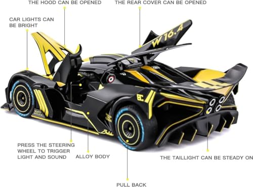 Image of PINQUE Kids New Car 1:24 Big Bugatti Bolide Diecast Alloy Metal Pull Back Car with Openable Doors Music Sound and Light Vehicle Toy Car for Boys (Yellow)