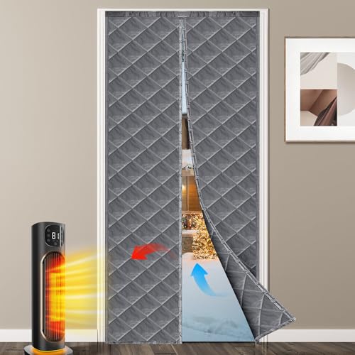 Magnetic Thermal Door Curtain Insulated Door Curtain Temporary Door Door Cover Durable Upgraded Oxford Cloth & Thicken Cotton Fill Soundproof and Windproof (Gray Fits Door Size 36 x 82)
