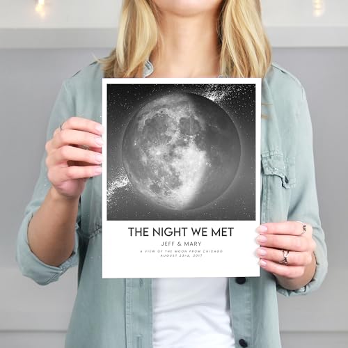 Customizable Moon Phase Art Print - \'The Night We Met\' | Romantic Wall Art & Cosmic Décor Gift for Couples | Custom Moon Phase by Date & Location | Grey with Polaroid Border & Front Glow