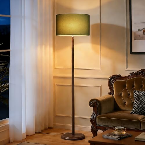 61" Walnut Wood Floor Lamp with Linen Drum Shade, E26 Base, UL listed