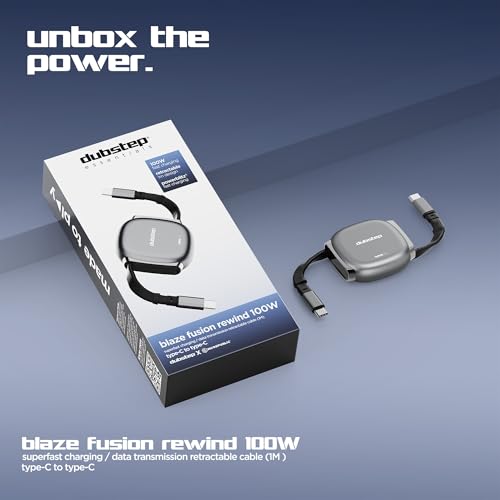 Image of Dubstep Blaze Fusion Rewind 100W Type-C to Type-C Retractable Cable 1M | PowerBlitz | 480 Mbps | Magnetic Connector Storage | 10K+ Cycles | Fast Charging (Grey)