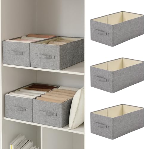 Image of Linen Folding Storage Bins, 3 Pack Large Storage Baskets, Washable, Clothing Storage Bins with Handle, Closet Organizer for Storage Sweater,Sheets(dark grey, 18½"x11" x8½")