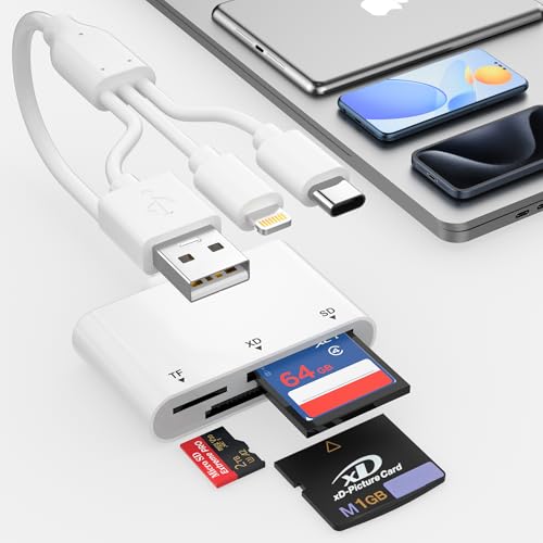 XD Card Reader, SD Card Reader for iPhone with USB-C&Lightning, 3 in 1 SD/MicroSD/xD-Picture Card Adapter, Lightning+USB A+USB C XD Card Adapter for iPhone 16/15/14/13/iPad/PC/Android