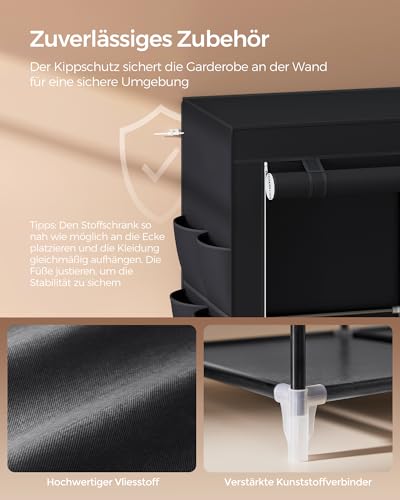 SONGMICS Stoffschrank 45 x 127 x 176 cm, 2 Hängefächer mit Einlegeböden, 4 Seitentaschen, viel Platz für Schlafzimmer, Wohnzimmer, Schwarz RYG008B02