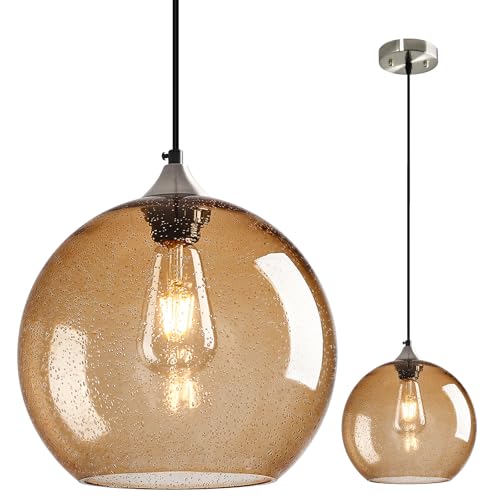 Image of Light Brown Glass Pendant Lights Kitchen Island Globe Pendant Light Fixtures Modern Pendant Lighting for Bedroom Living Dining Room Light Fixture (9.84 in, 1 Pack)