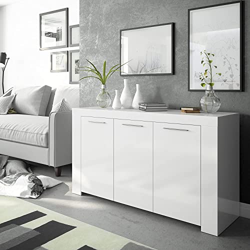 Sideboard mit DREI Türen mit DREI Innenregalen, mattweiße Farbe, Maße 144 x 80 x 42 cm