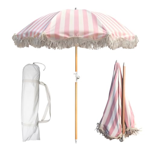 SOLARALIFE Fringe Patio Umbrella 1.8m Beach Umbrella with Push Button Tilt and Carry Bag for Garden Lawn Pool Yard (Pink Stripes)