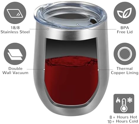 MEWAY Stemless 12oz Wine Tumbler Glasses with Lid -Insulated Double Wall Vacuum Stainless Steel Travel Tumbler with Straw,Gift for Woman Under 10 Dollars (Silver,1) - 2