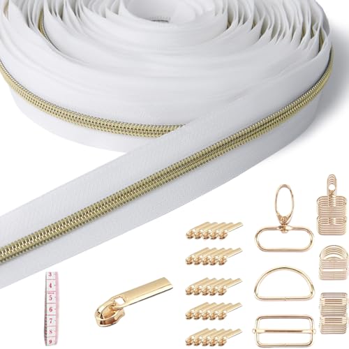 Sonekin Cremalleras por Metros para Coser, 9m Cremallera por Metros, 25 Tiradores Metálicos, 30 Accesorios Metálicos para Coser Bolsos, Aptos para Costura y Manualidades (Blanco)