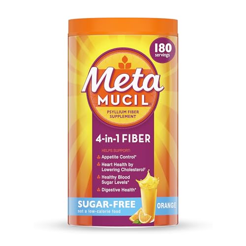 Metamucil 4-in-1 Psyllium Husk Fiber Supplement, Sugar-Free, 180 teaspoons, Orange Flavored, Daily Fiber Powder for Digestive Health, made with Plant-Based Psyllium Husk Fiber