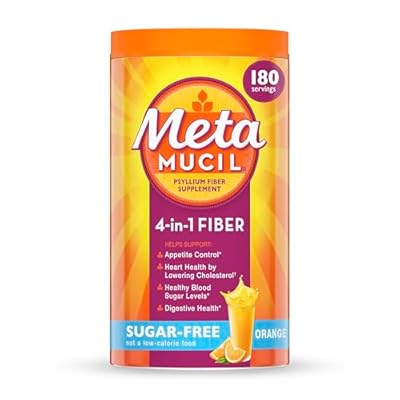 Metamucil 4-in-1 Psyllium Husk GLP-1 Friendly Fiber Supplement, Sugar-Free, 180 teaspoons, Orange Flavored, Daily Fiber Powder for Digestive Health, made with Plant-Based Psyllium Husk Fiber