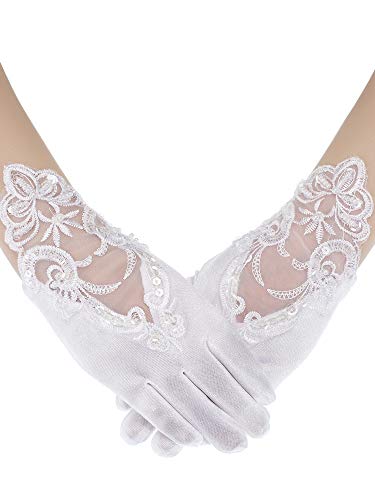 Sumind Girls Satin Gloves Kids Size Formal Gloves Bow Knot Pearl Glove for Wedding Pageant Parties (Style 2, M Size)