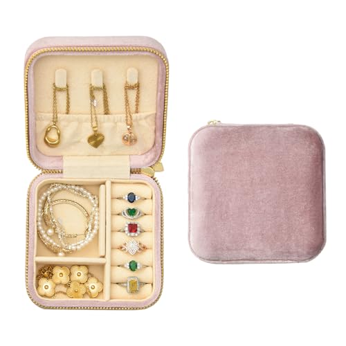TAIMY Caja de joyería de viaje de terciopelo esponjoso, mini caja de joyería portátil para anillos, pendientes, collares, pulseras (lavanda rosa, sin espejo)