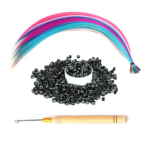 jiefeng 13 Strands/Lot 13 Colors 16'' Mixed Colors Synthetic Hair Extensions with 50 Pcs Silicon Micro Beads 1 Crochet Hook Colored Hair Extension Kit (16'', mixed 13)