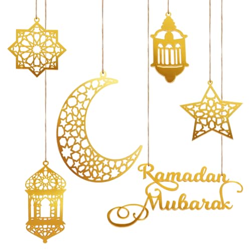 6 Stück Goldene Mond Sterne Anhänger Ornament mit 10m Juteschnur, Ramadan Dekoration Set, Umrah Mubarak Deko Akryl Hängeelemente für Innenbereichen Wanddeko Fensterdeko Wohnzimmer