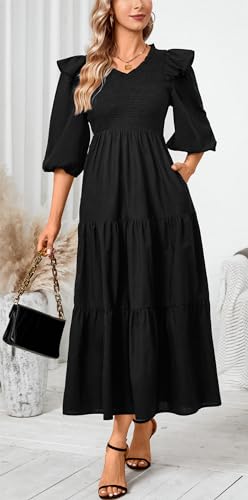 Image of Women Casual Lantern Sleeve Ruffle V Neck Fall Dress Boho Flowy Maxi Dresses Tiered Cocktail Long Dress