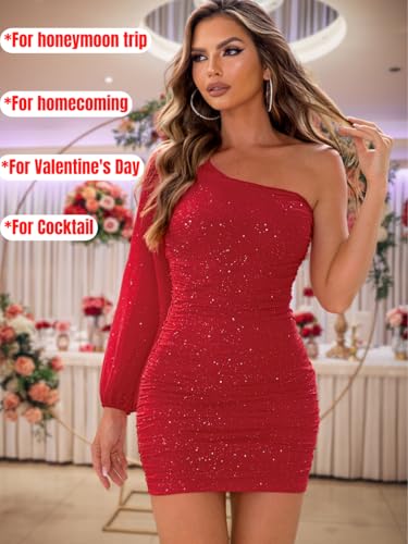 Image of ShawGobow Sparkly Outfits for Women,One Shoulder Ruched Bodycon Short Prom Dress,Sexy Dresses Cocktail Homecoming Nye