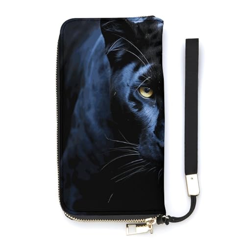 Panther With Blue Eyes Ladies' Leather Wallet With Hand Strap Slim Vertical Purse Wallets Card Case Long Zip Around Long Wallet Credit Cards Holder Phone Clutch