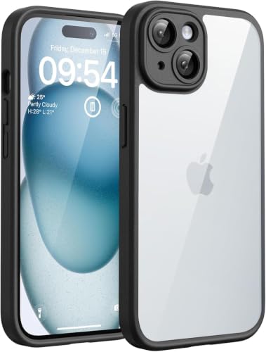 Image of VONZEE Clear Transparent Back Cover Case for iPhone 15 with Camera Protection Anti Yellow Slim Fit Anti-Fingerprint & Lightweight Protective Cover-Black