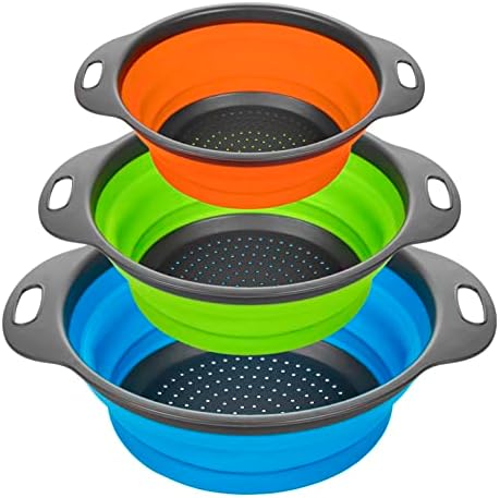 IDEAL ZONA Collapsible Colander Stainer (Set of 3) -Space Saving Collapsible Strainer for Draining Pasta, Fruits, Vegetables - Round Kitchen Silicone Strainer with Handles - BPA Free & Dishwasher Safe