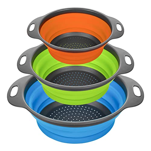 Ideal Zona Collapsible Colander Stainer (Set Of 3) -Space Saving Collapsible Strainer For Draining Pasta, Fruits, Vegetables - Round Kitchen Silicone Strainer With Handles - Bpa Free & Dishwasher Safe #TOP1