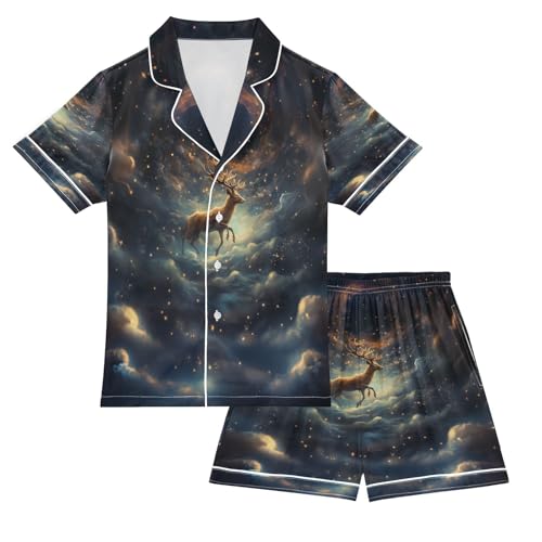 ALAZA Deer Space Universe Starry Satin Pajamas Set Short Sleeve Button Down Sleepwear Summer Pjs 2 Piece