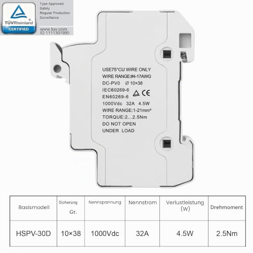 Foto von Heschen Solar-/Photovoltaik-Sicherungshalter, PV-Sicherungshalter, HSPV-30D, DC1000V 32A, 2-polig, 35mm DIN-Schienenmontage, für HSPV-30 ST-10PV 10 x 38 mm Sicherung (1)