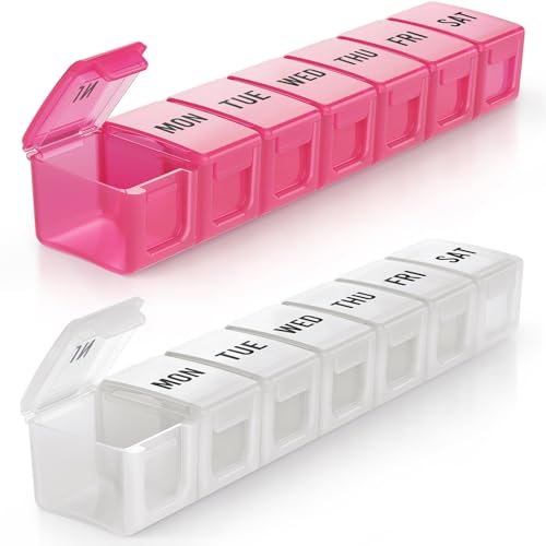 Image of BUG HULL Weekly Pill Organizer Large 2 Packs, Extra Large Travel Pill Organizers, Pill Box 7 Day, Travel Pill Case, Medicine Pill Organizer for Vitamins, Supplements and Medications (White+Pink)