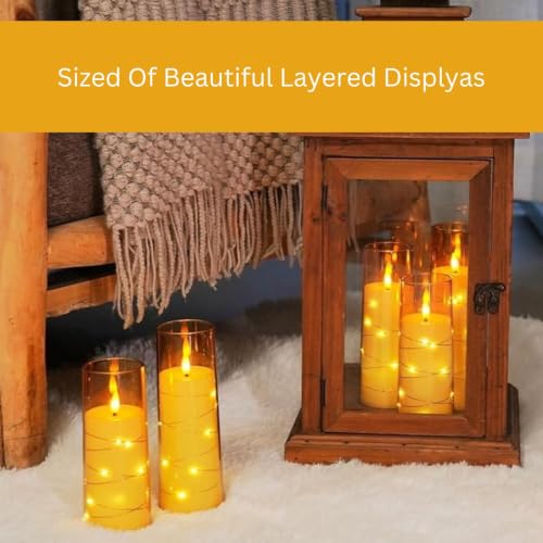 Image of LTETTES Acrylic Fiber Glass Led Candles Set of 12 | Embedded Star String Lights | Flickring Wick | 2 AA Battrey Operated with Remote | Home Decor & Festival | H 5.5'', 6.5'', 7.5'' x D 2.3'' | Gold