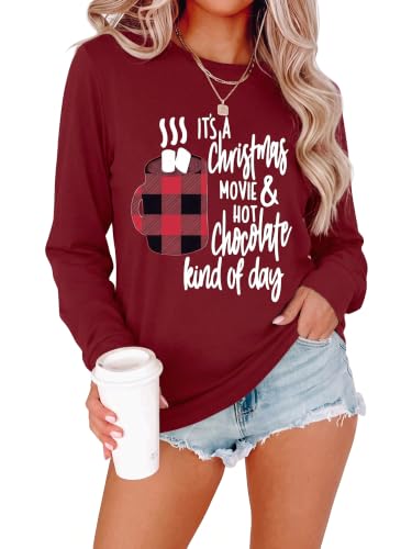 Anbech Women Christmas Graphic Crew Neck Long Sleeve T Shirt | Xmas Tops, Loose Fit, It's A Christmas Movie and Hot Chocolate Kind of Day Tees, Soft Breathable Fabric (L, Red)