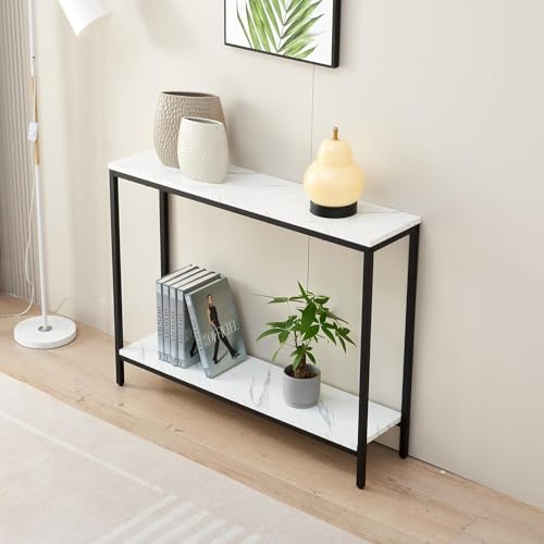 Image of Metal Frame 2-Tier Premium Entryway Table for Living Room, Hallway & Bedroom | Modern Narrow Sofa Console Table for Home & Office Decor | Sturdy & Stylish Accent Table (Black White)