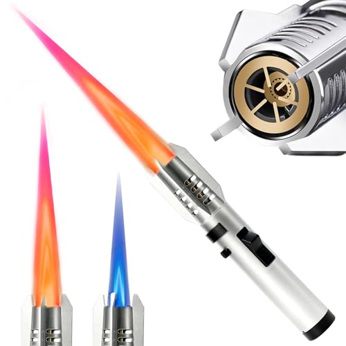 Camping Torch Lighter Bright Fire Windproof Butane Refillable Straight Flame Lighter with Safety Lock and Adjustable Red Blue Flame for Outdoor Campfires BBQ Baking Kitchen Candles (Silver)