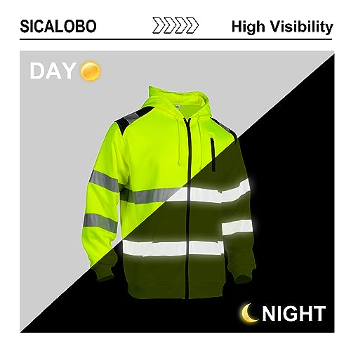Men's High Visibility Safety Sweatshirt,ANSI Class 3 Zipper Reflective Work Hoodie,Hi Vis Hooded Pullover Workwear3