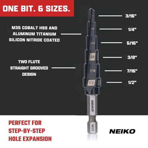 Image of NEIKO 10604B Step Drill Bit, 6 Steps 3 /16 inch to 1 /2 inch Straight M35 Cobalt, AlTiSiN Coated, 1 /4 inch Quick Change Step Bits for Steel, Metal, Wood, Plastic, Unibit Cone Drill Bits, Two Flute