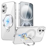 LNOLON iPhone 16 用 ケース MagSafe対応【CD模様リング 360° 回転スタンド付き・縦横両対応】メッキフレーム クリア背面 黄ばみ防止 レンズ保護 ワイヤレス充電対応 米軍MIL規格 耐衝撃 アイフォン16 用 ケース ストラップホール付き（シルバー）