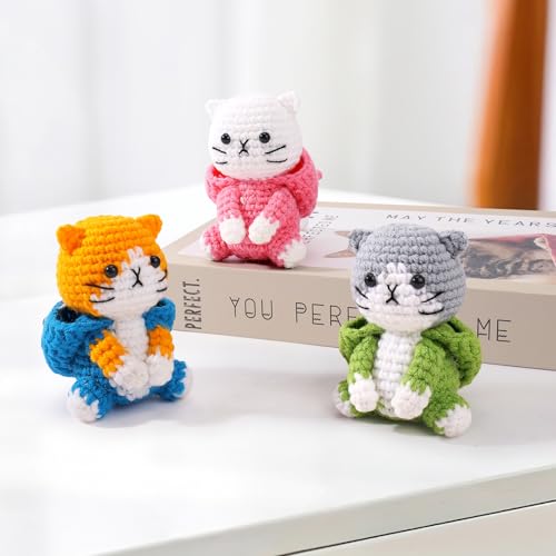 Image of Crochet Kit for Beginners - 3 PCS Crochet Kits with Step-by-Step Video Tutorials, Beginner Crochet Kit for Adults, Crochet Animal Kit for Starters, Cat Dressed as Shark Frog Strawberry