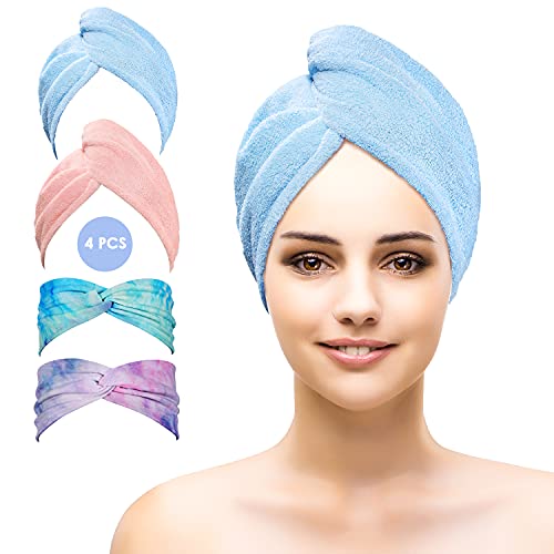 Upgraded Extended Microfiber Hair Towel, 4 Pack Fast Drying Hair Turban Towel Wrap, 9.5" X 29" Super Absorbent & Quick Dry Spa Hair Turban for Curly, Long & Thick Hair with 2 Sets AUSTINE Hair Bands