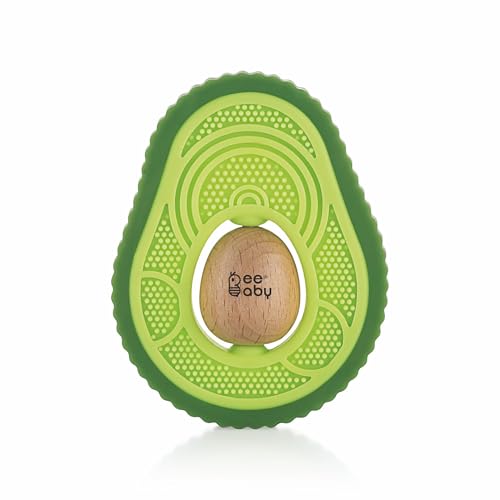 Image of BeeBaby Baby Teether for 6 to 12 Months Soft | Silicone and Wooden Teether for Baby | Teething Toys for Babies | Multi Textured BPA Free Teether | BIS Certified Baby Teething Toy | Avocado Green