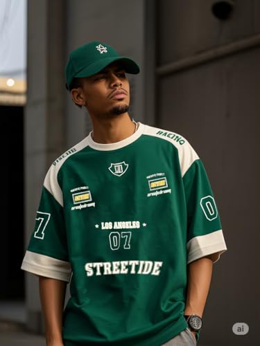 Image of THALASI Men Cotton Jersey Aesthetic Oversized T shirts for Men | Sports Jerseys T-shirts & Half Sleeve Round Neck Printed Tshirt for Mens - Down Shoulder Loose & Baggy Fit Korean T shirt for Man & Boy