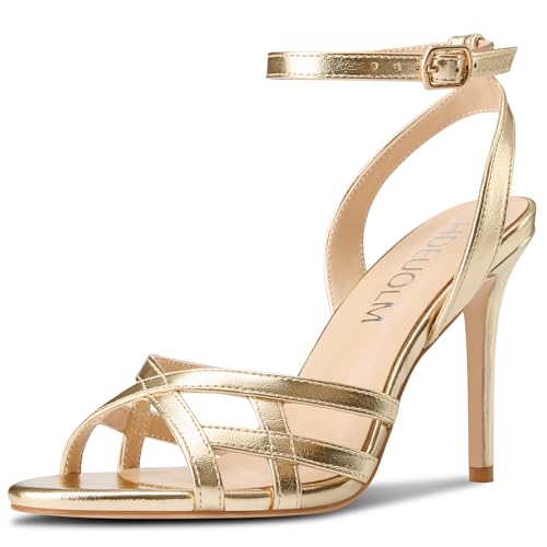 HDEUOLM Womens Stiletto High Heel Round Toe Strappy Sandals Slingback Ankle Strap Wedding Dress 3.9 Inches Heels