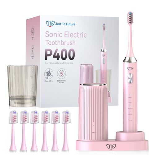 JTF 2026 NEW Sonic Electric Toothbrush with UV Cleaning & Drying, Wireless Charging Base, 5 Cleaning Modes, 6 Replacement Brush Heads, IPX7 Waterproof, 60 Days Battery, Mouthwash Cup, Pink