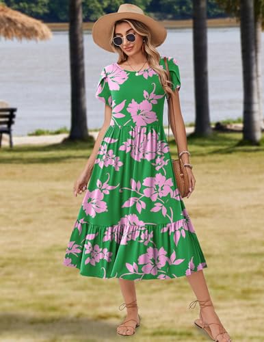 Image of Zeagoo Women Summer Midi A Line Dress Short Sleeve Casual Flowy Tiered Beach Long Sundress with Pockets 2026 Vacation Travel