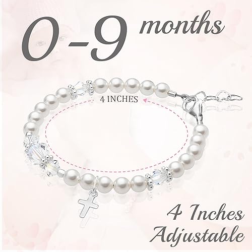 Image of Baby Crystals Personalized Baptism Pearl Bracelet for Girls, White Simulated European Pearls, Sterling Silver Cross Charm Initial Bracelet, Handmade Baptism Gifts for Girl, Girls Jewelry