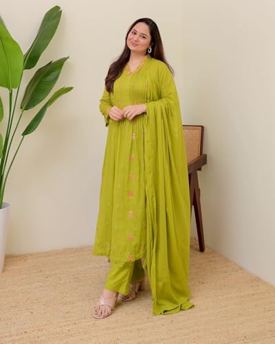 Image of KLOSIA Women Embroidery Solid Anarkali Kurta and Pant Set with Dupatta|Silk|Regular Fit