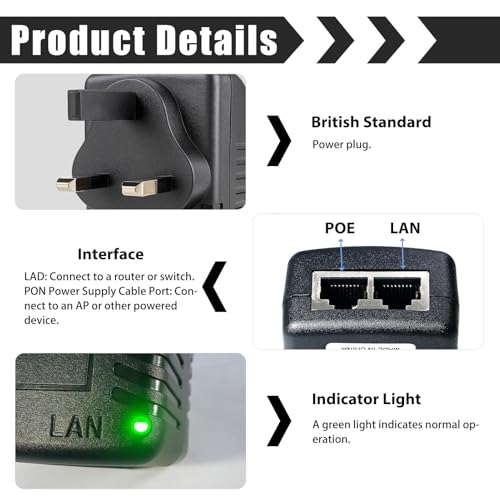 48V 0.5A POE Injector Adapter DC Ethernet Adapter UK Plug Power Supply Power Supply Adapters for Security Cameras Wireless Access Points POE Port + LAN Port Supports 48V Device Black - Image 2