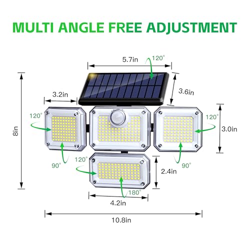 Outdoor Motion Sensor Lamp, 4-Head Solar Power Light, 333 LED Solar Light, Wireless Flood Lights Outdoor,3000 Lumens, 6500K, Motion Sensor, IP65 Waterproof, 270° Lighting Range for Street (2Pack)